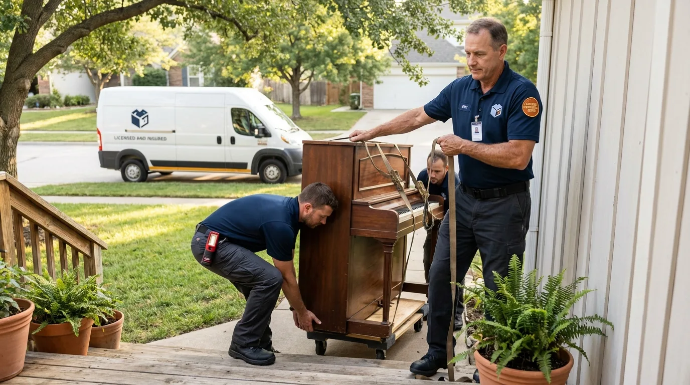 Licensed piano movers securing grand piano in Laguna Woods, CA