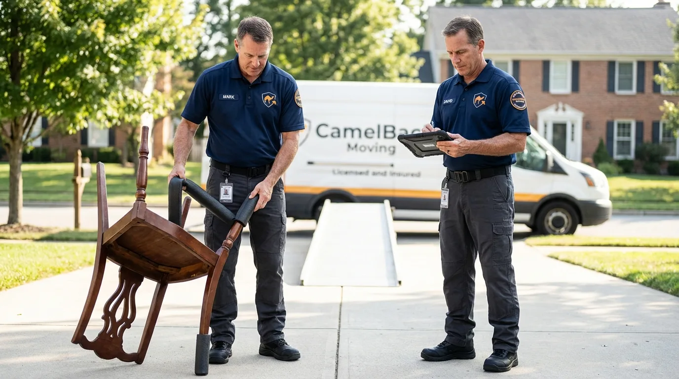 Movers inspecting furniture for damage prevention before loading in Laguna Woods, CA