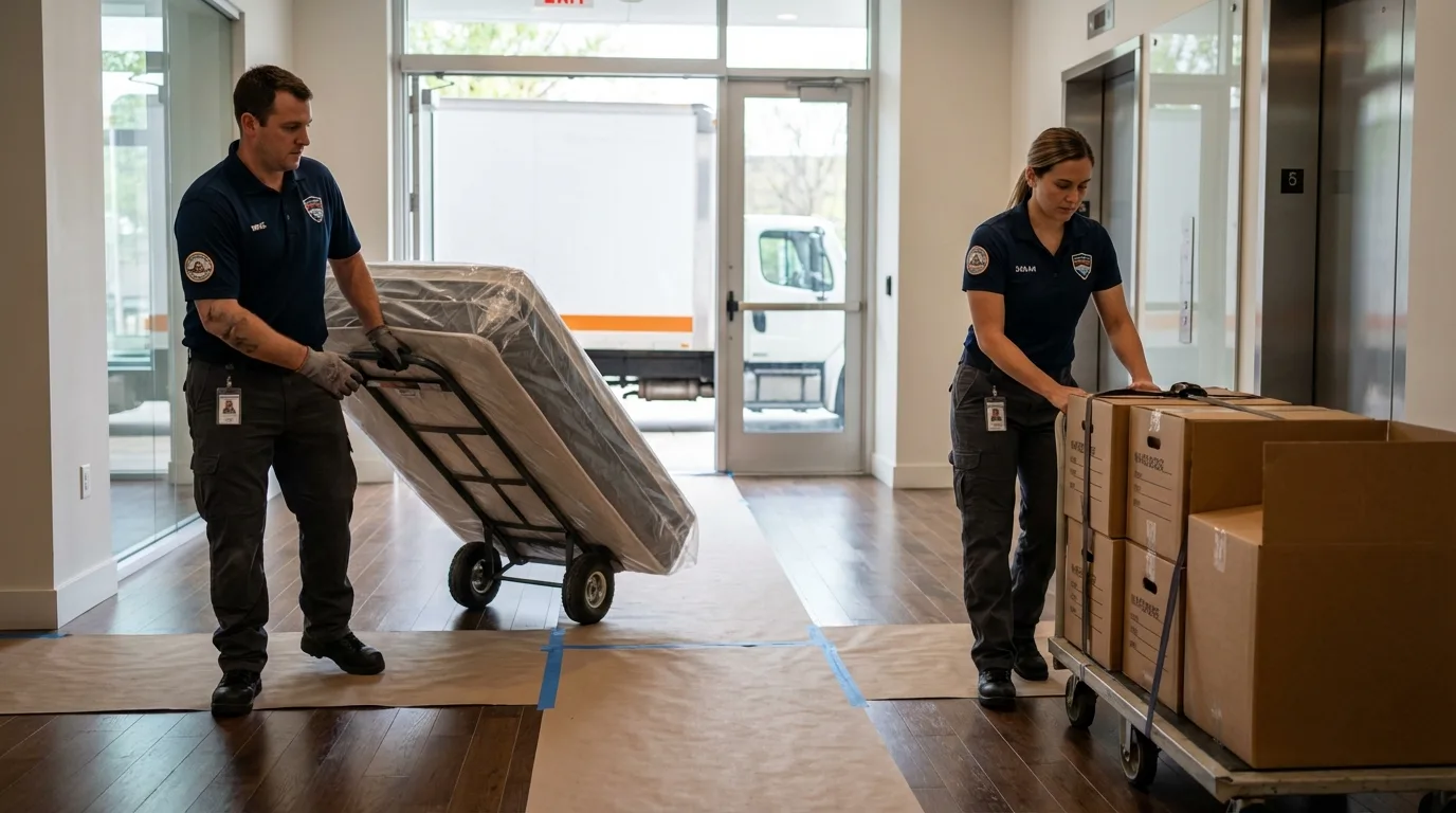 Professional apartment movers loading elevator in Laguna Woods, CA