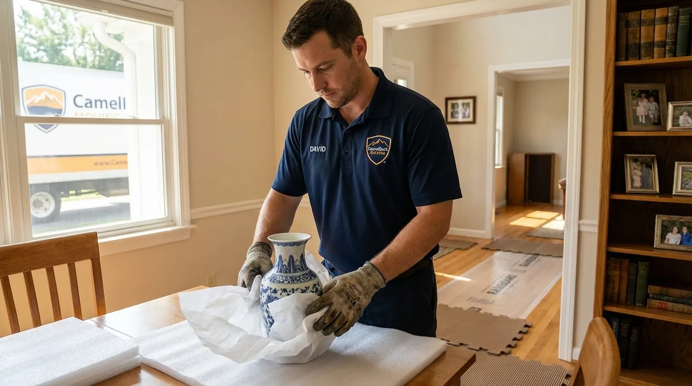 Professional crew carefully wrapping antique vase for senior downsizing move in Laguna Woods, CA